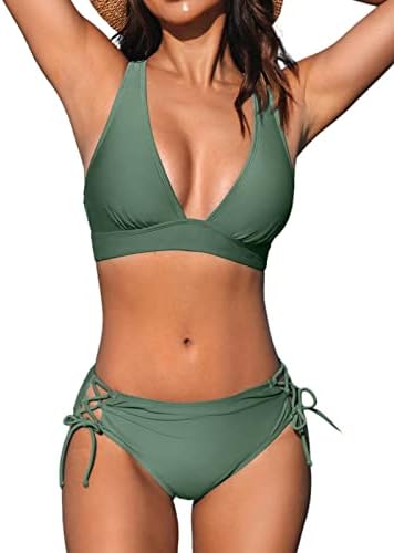 CUPSHE Bikini Set for Women Two Piece Swimsuit V Neck Triangle Top Wide Straps Cross Back Lace up Mid Rise|B0C14LS64C
