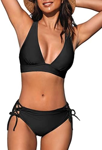 CUPSHE Bikini Set for Women Two Piece Swimsuit V Neck Triangle Top Wide Straps Cross Back Lace up Mid Rise|B0C14LS64C